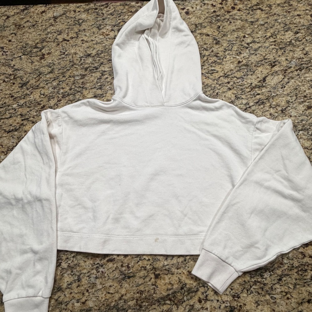 Alo Yoga Womens White Cropped Hoodie Long Sleeve Sweatshirt Boxy Fit